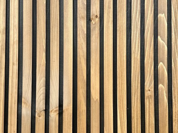 Slatpanel slat panel Black Colour Acoustic Slat Wall Panels pin acoustique panneaux pine wall ceilling lamella lamelle modern moderne tong and grove lumber industriel stain teint finition mur accent accent wall 3d Fluted Textured Panel